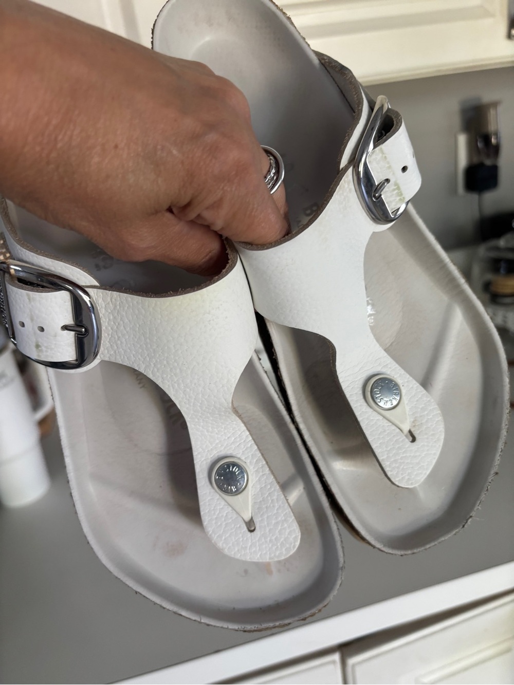 Birkenstock White Leather Slip-On Sandals with Cork Footbed - Picture 5 of 8